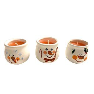 Vtg Set of 3 Snowman Hand Painted Filled Candle Trio Brightens Up The Holiday